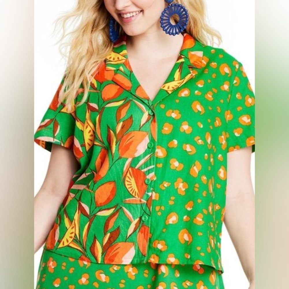 Tabitha Brown for Target Collection XS Linen Blend Green Floral Button Down Top